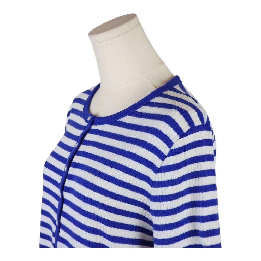 J. Crew Blue White Striped Henley Top Large Ribbed Knit Nautical Casual Tee - Picture 2 of 7